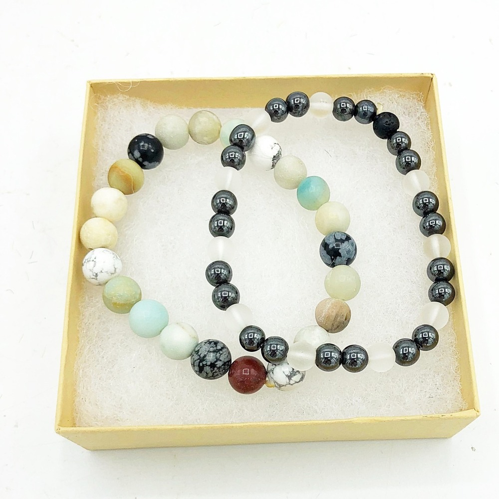 Lot of 2 Bead Bracelets - Black and Clear & Colored Stone Look